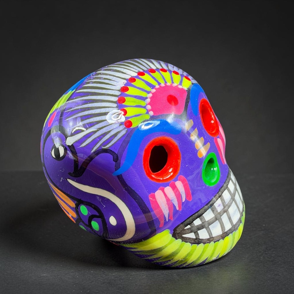Mexican Folk Art Sugar Skull Hand Painted Purple Ceramic Calavera 2 Inch Figure